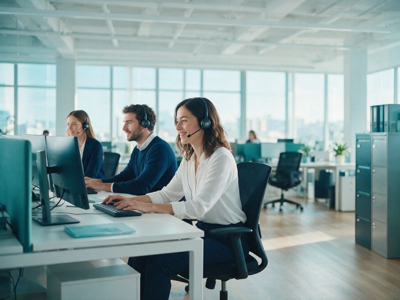Operatori del back office con le cuffie al lavoro in un ufficio luminoso